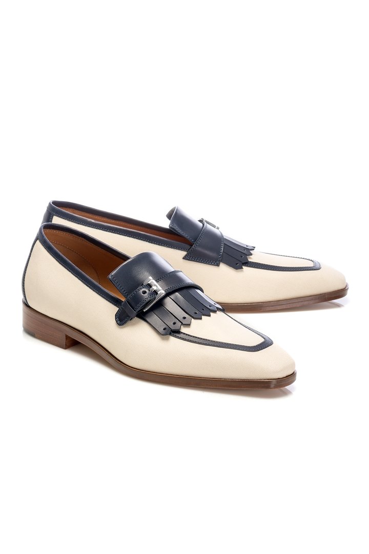 BEIGE TEXTILE TASSEL LOAFERS