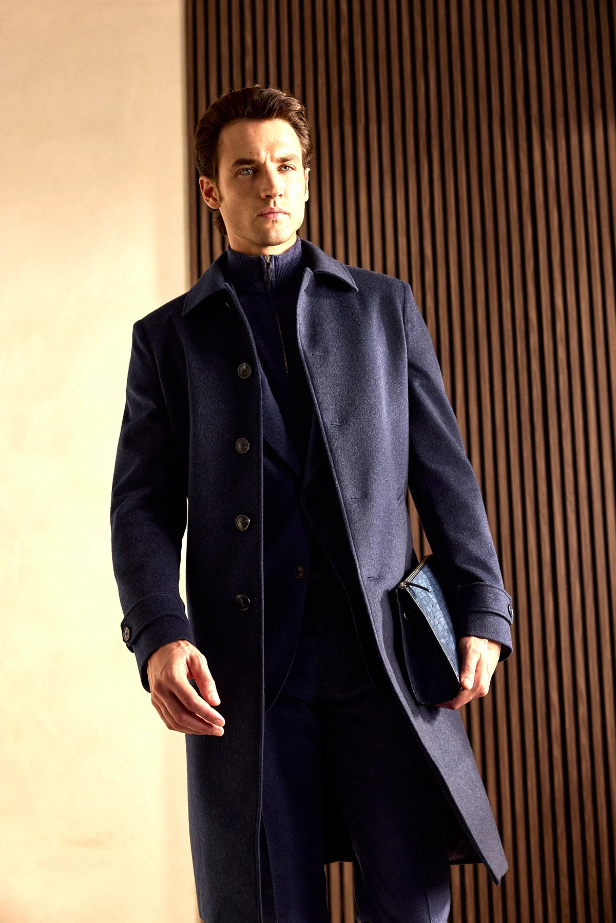 Maleta half-zip din lana si casmir, navy