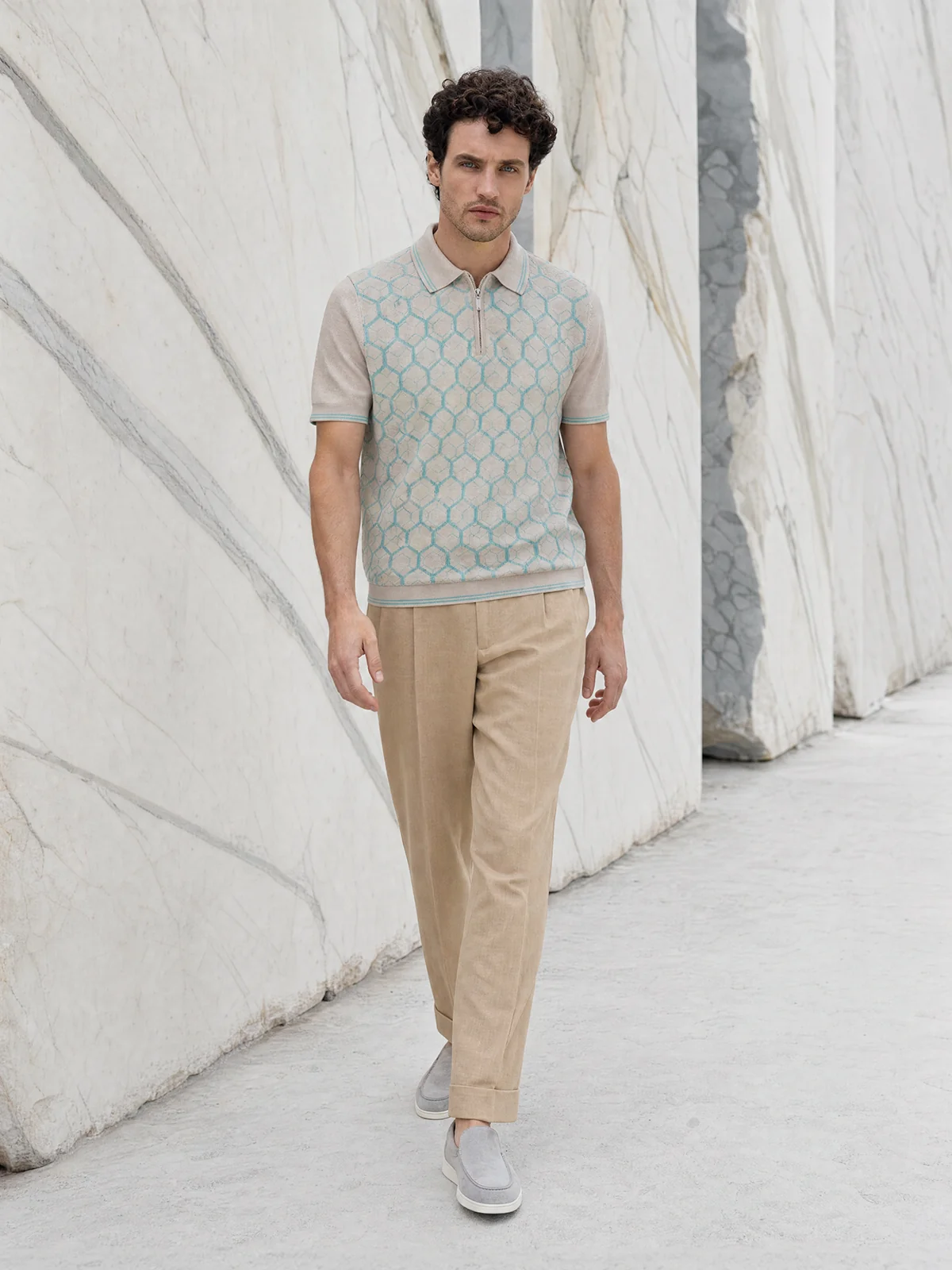 Tricou Polo gri hexagon matase&bumbac