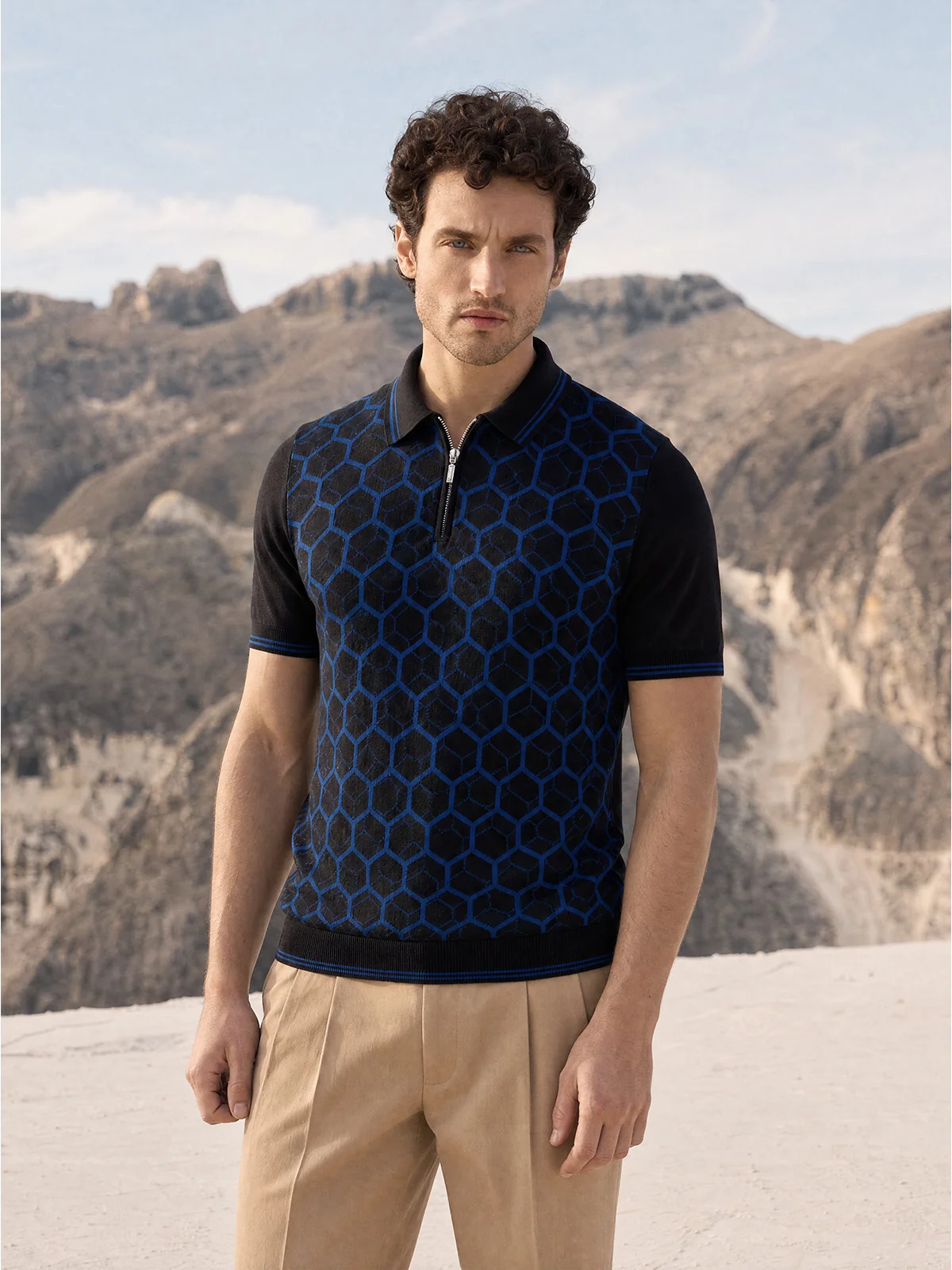 Tricou Polo negru hexagon matase&bumbac