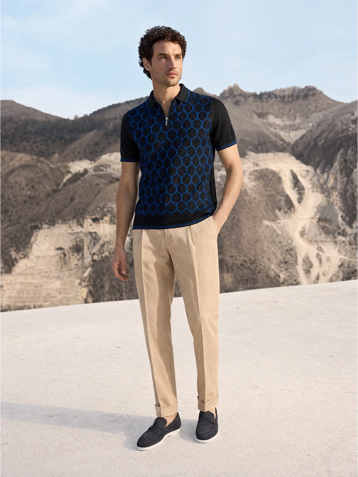 Tricou Polo negru hexagon matase&bumbac
