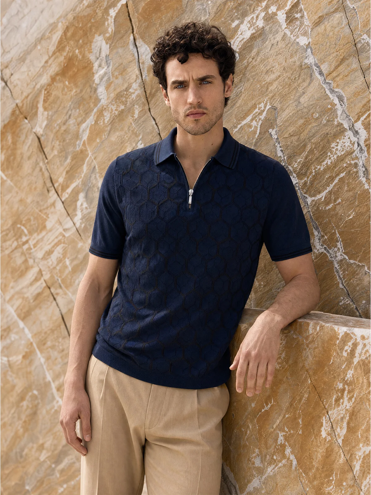 Tricou Polo navy hexagon matase&bumbac