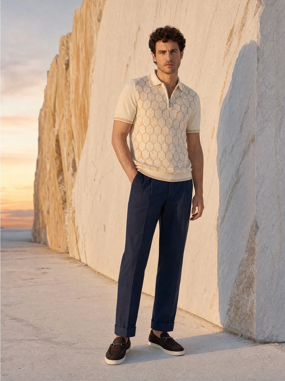 Tricou Polo bej hexagon matase&bumbac