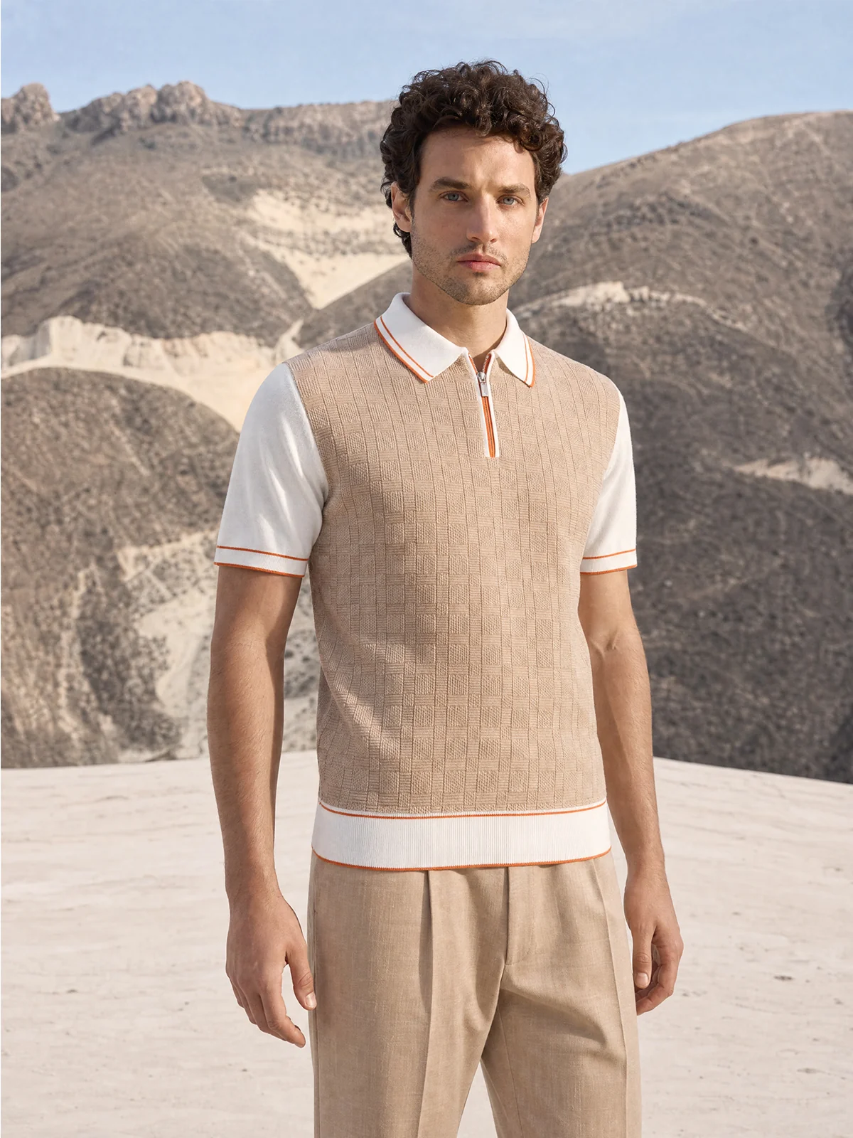 Tricou Polo alb cu crem texturat matase&bumbac