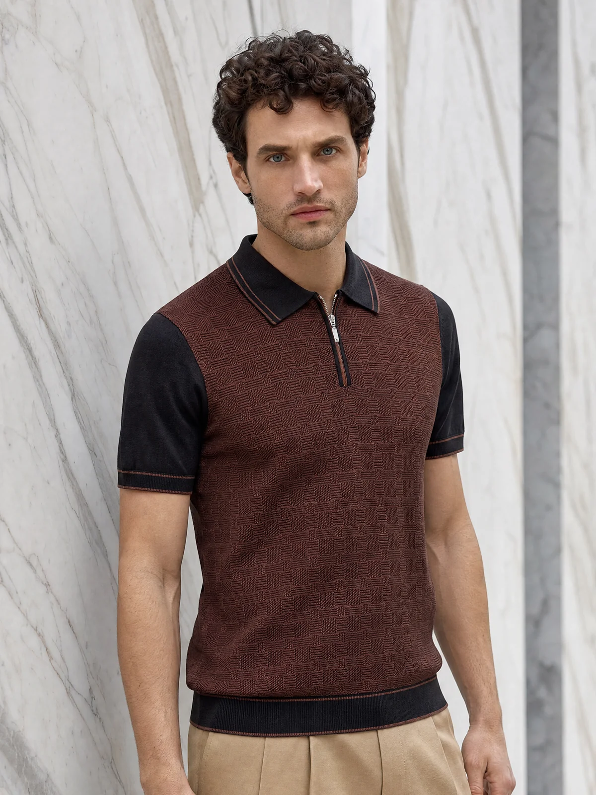 Tricou Polo negru texturat matase&bumbac