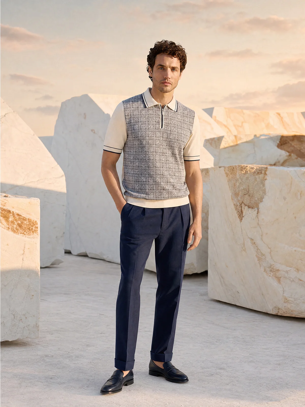 Tricou Polo alb cu gri texturat matase&bumbac