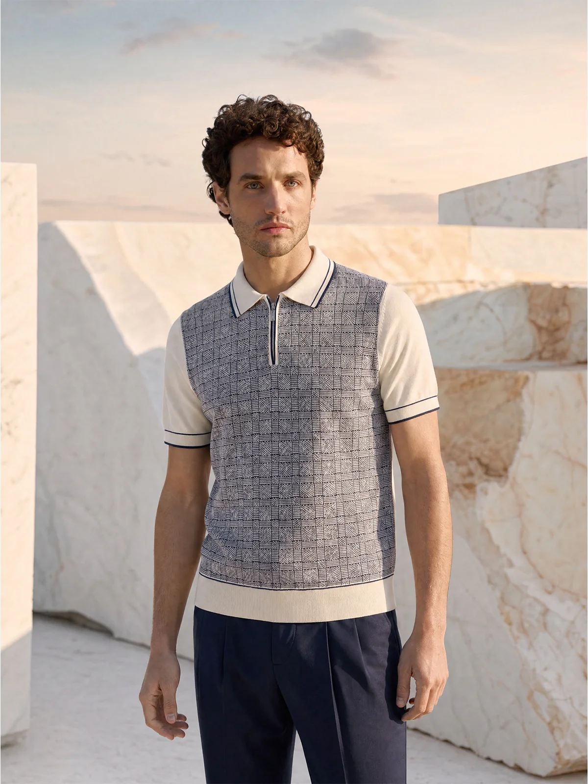 Tricou Polo alb cu gri texturat matase&bumbac