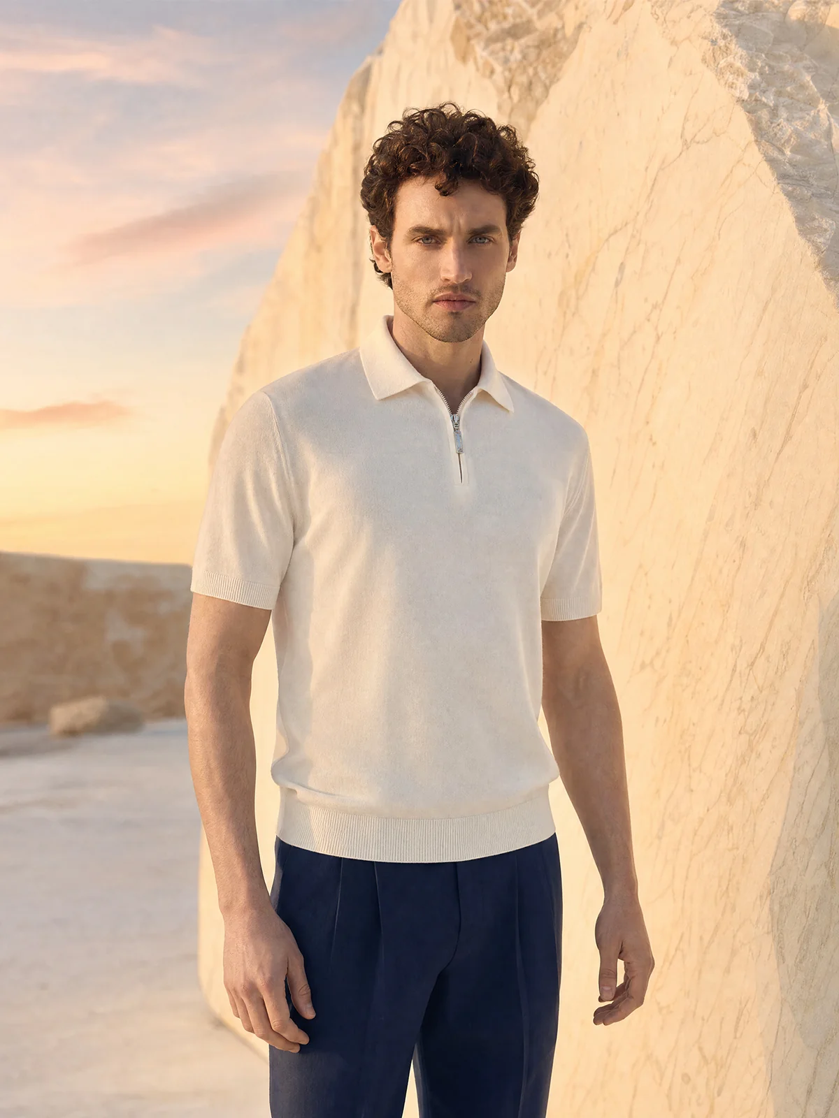 Tricou Polo alb matase & bumbac