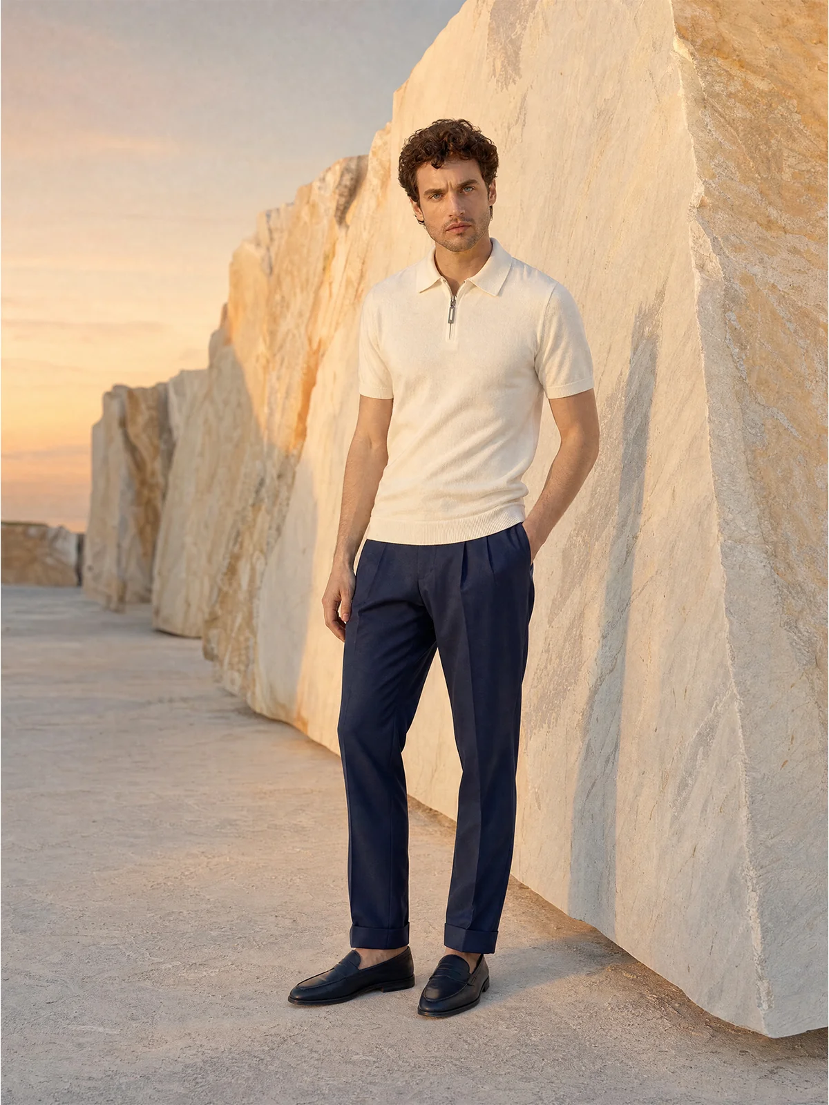 Tricou Polo alb matase & bumbac