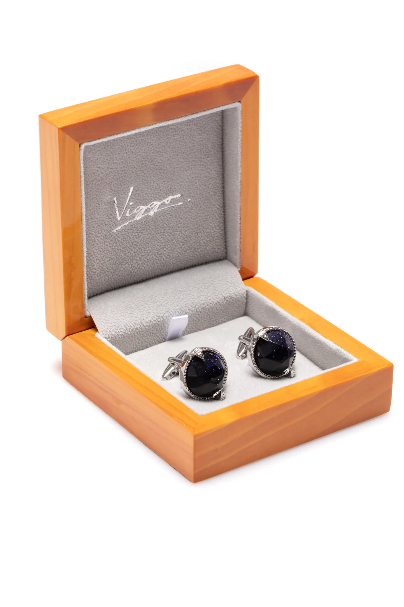 BUTONI ARGINTII CU PIATRA NEAGRA INCRUSTATA CU CRISTALE ALBASTRE - imagine 3