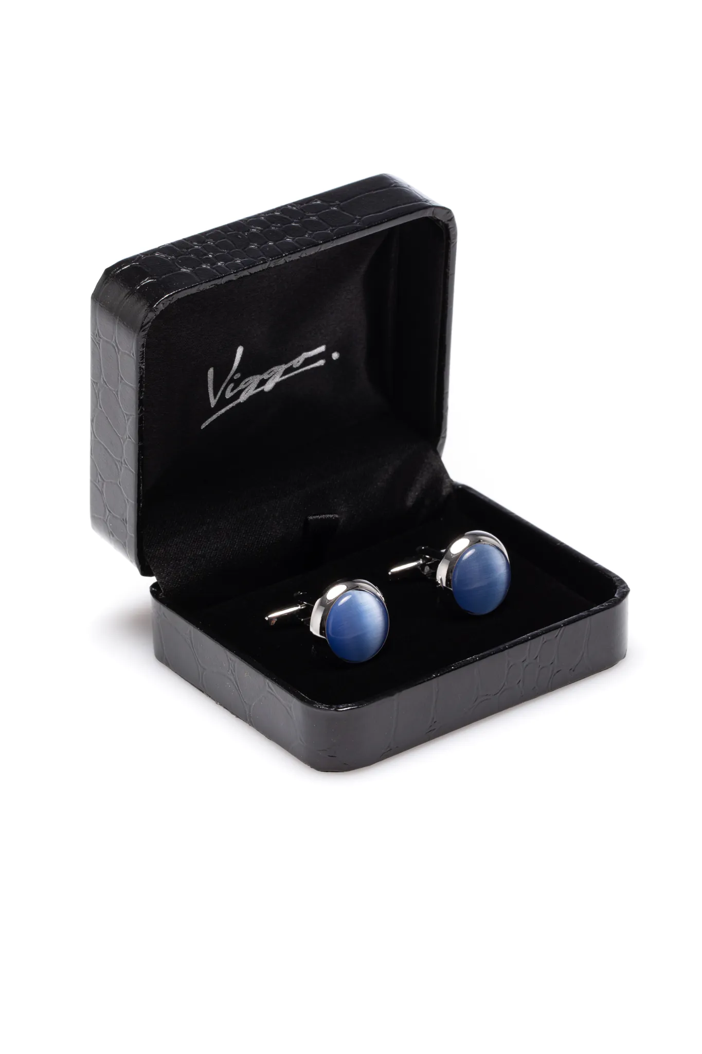 BUTONI ROTUNZI ARGINTII CU PIATRA ALBASTRA - imagine 3