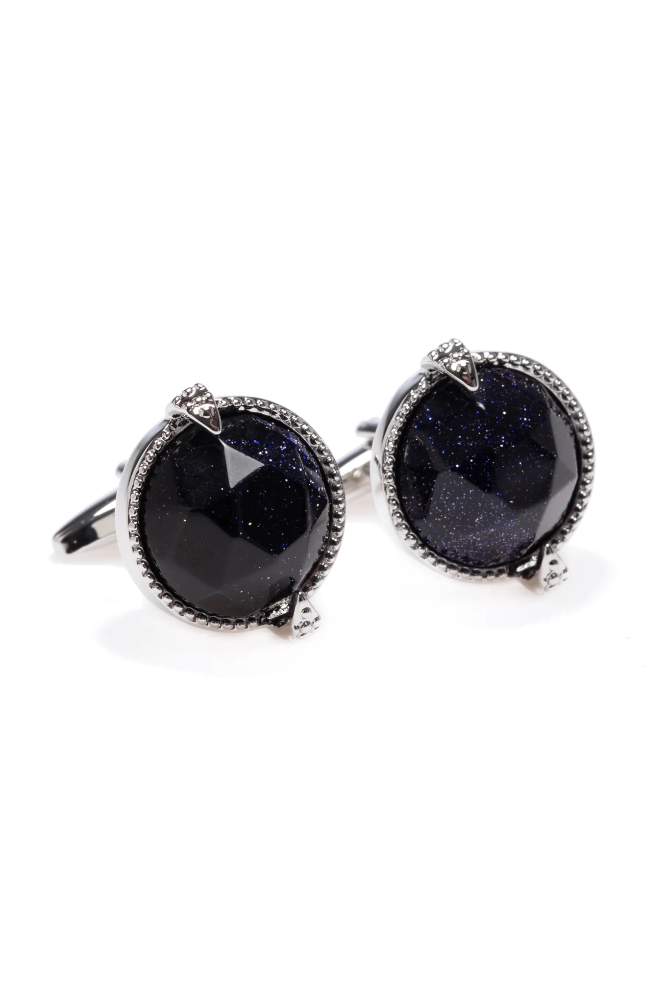 BUTONI ARGINTII CU PIATRA NEAGRA INCRUSTATA CU CRISTALE ALBASTRE
